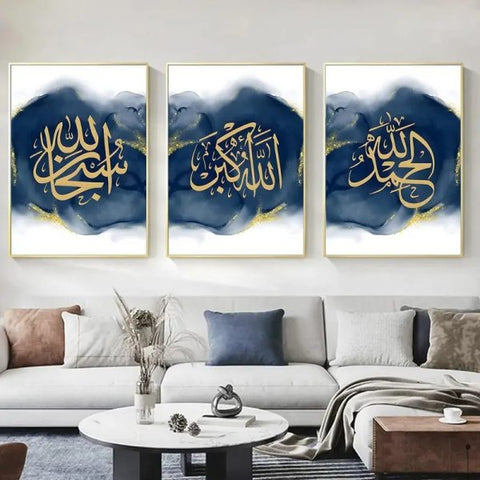 3pcs Metal Islamic Abstract Wall Art Blue Modern Artwork, Muslim Motivational Picture Blue And Golden